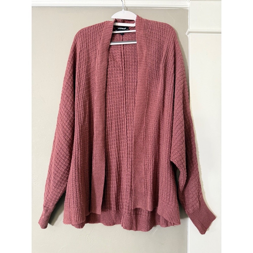 Express Women Large Pink Waffle Knit Batwing Sleeve Open Front Cardigan Sweater